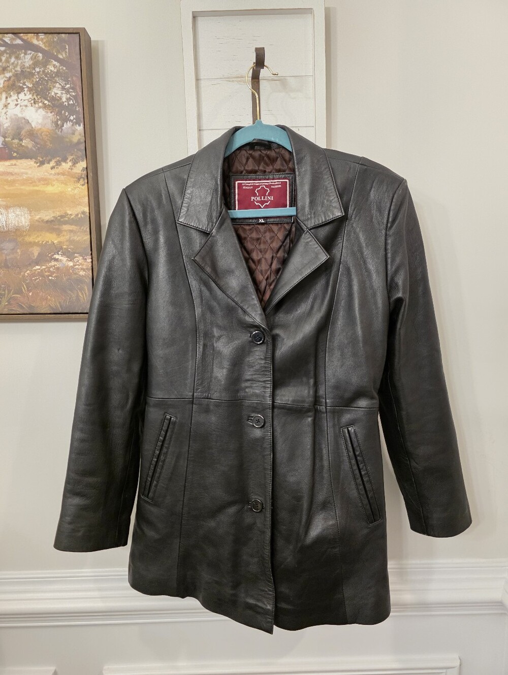Pollini Vintage Black Leather Mid Length Coat Size XL